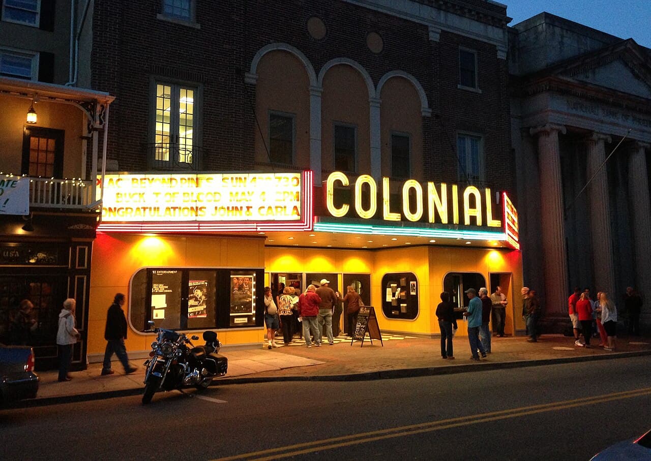 The Colonial Theatre marquee lit up at night
